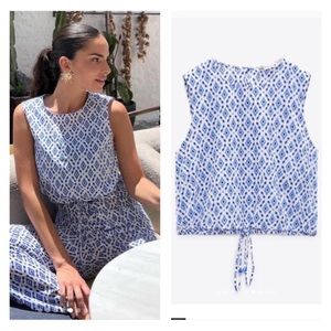 Zara NWT the Ava 100% cotton crop top blue and white print size Large